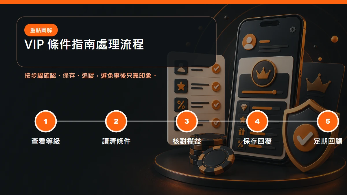 VIP 條件指南處理流程，從查看等級到讀清條件到核對權益到保存回覆到定期回顧