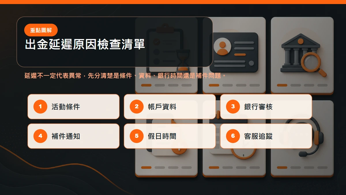出金延遲原因檢查清單，包含活動條件、帳戶資料、銀行審核、補件、假日時間與客服追蹤